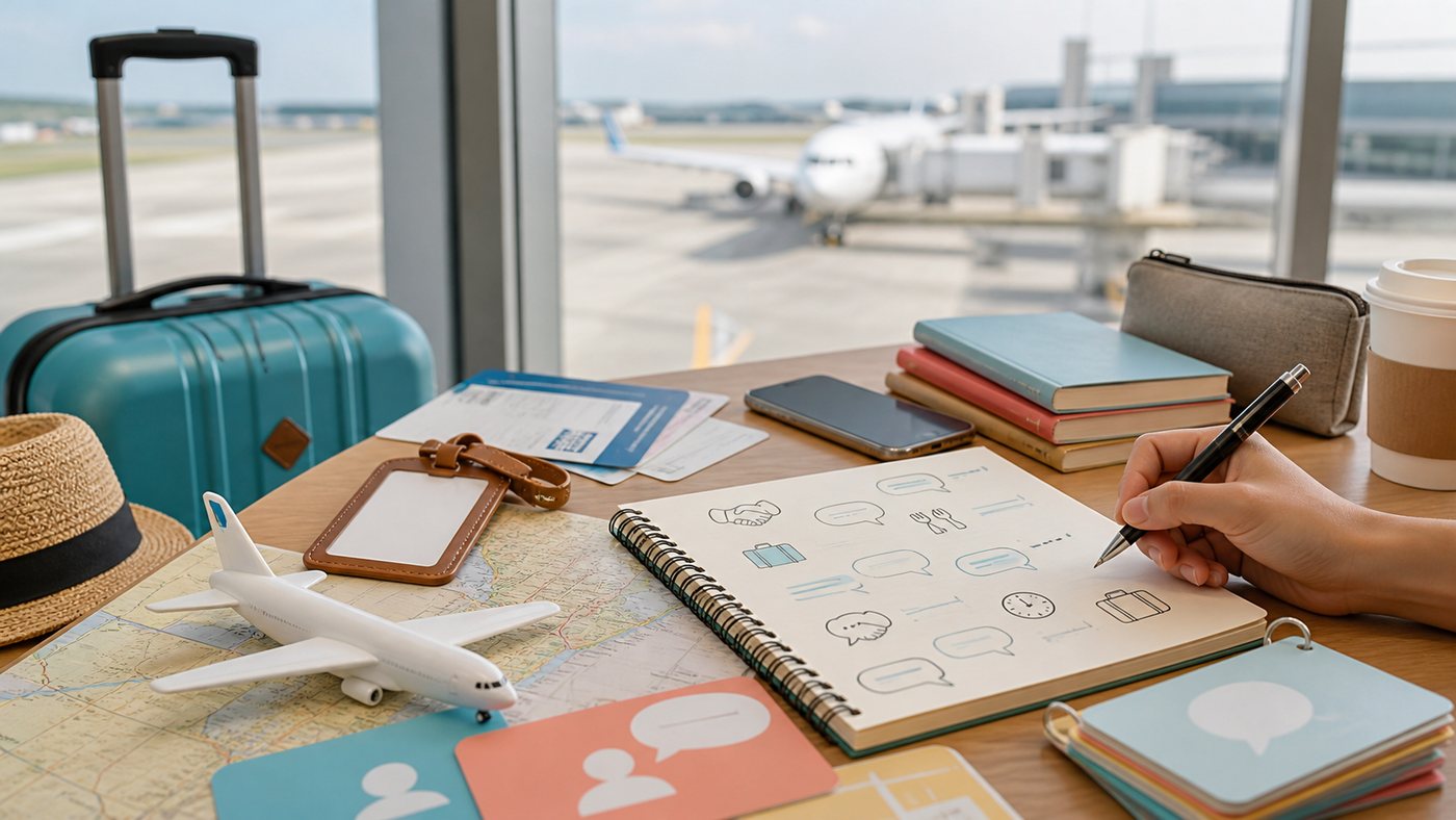 Travel English study desk at airport